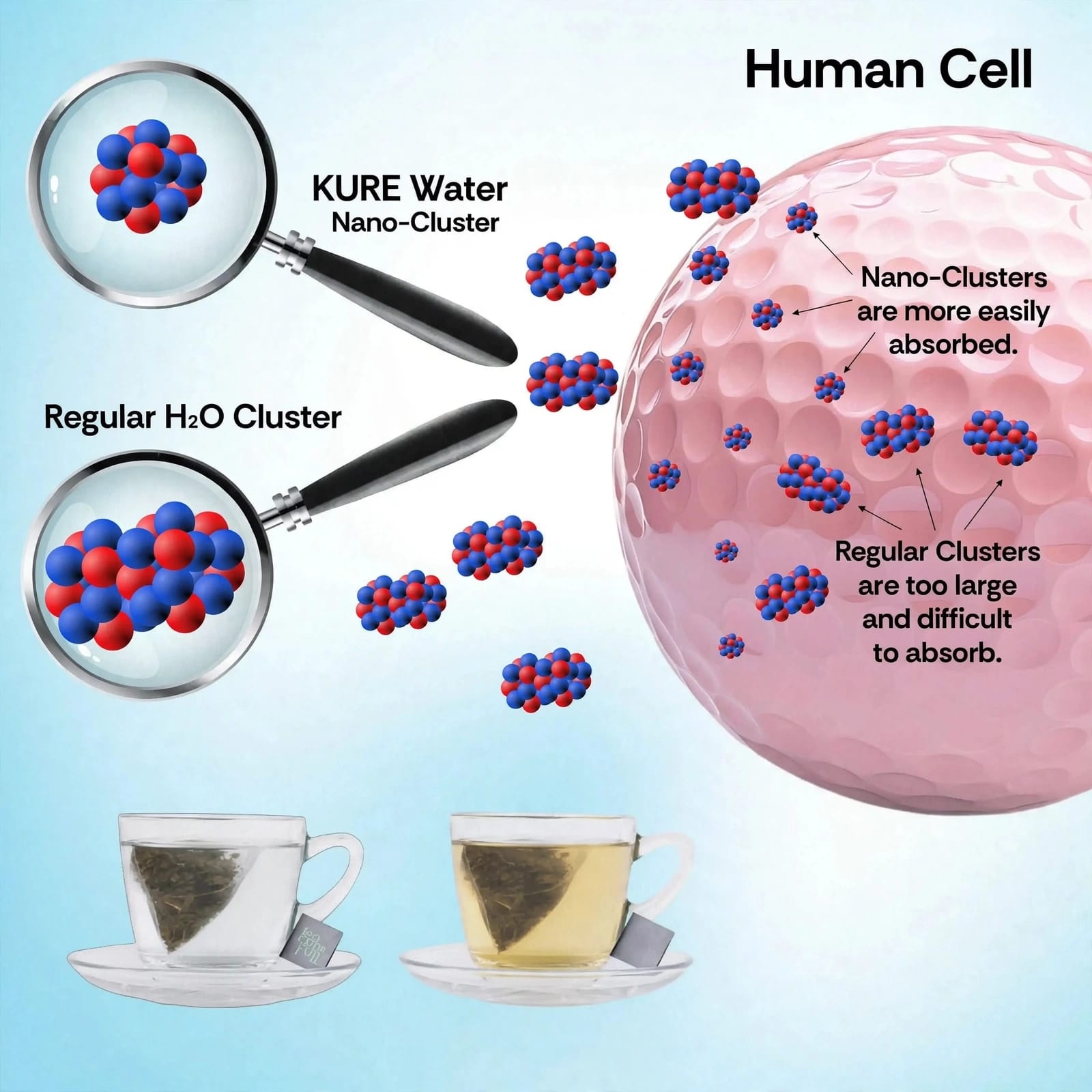 Illustration comparing KURE nano-clusters and regular clusters near a human cell