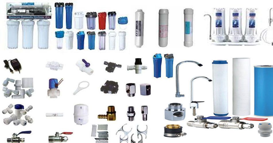 Water purifier components including housings, taps, valves and tubing
